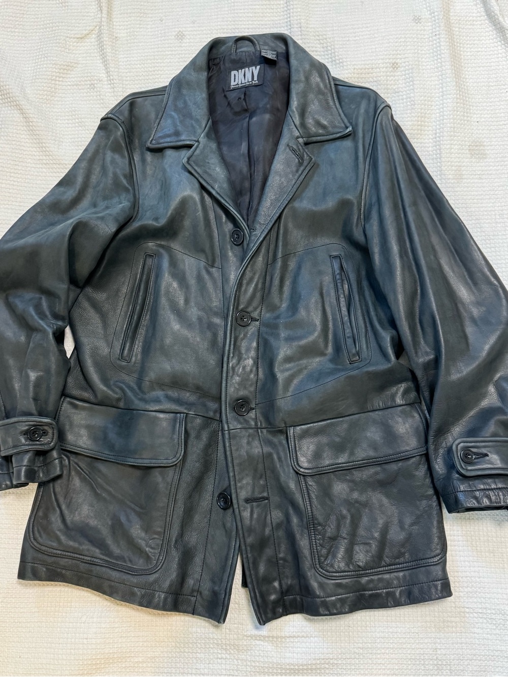 DKNY Men's black green Leather Trench Jacket